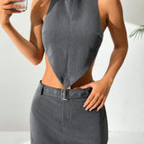 EZwear Conjunto de blazer y falda simple de uso diario en unicolor para mujer con sujetador de halter