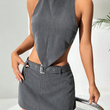 EZwear Conjunto de blazer y falda simple de uso diario en unicolor para mujer con sujetador de halter