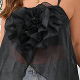 Camiseta de organza negra transparente de verano de a grande con tirantes dobles y flores 3D, con almohadilla de sujetador incorporada