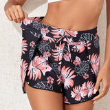 Pantalones Cortos De Bano De Estampado Tropical Para Mujer, Parte Inferior De Tankini De Traje De Bano De Cintura Alta