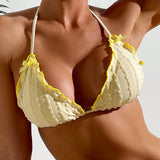 Swim Bikini amarillo claro de playa de verano para mujer con ribete de volantes y corbatas en el cuello