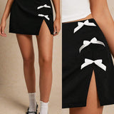 Frenchy Minifalda de lazo de unicolor, minifalda negra con abertura, minifalda de baja cintura, coqueta falda, falda tejida, minifalda negra, falda pequena, estetica coqueton Y2K