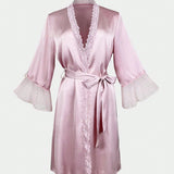 1 pieza Bata de encaje solido rosa de lujo para mujer con cinturon, perfecta para uso en casa en verano