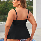 Swim Curve Conjunto de tankini de talla grande para verano en unicolor con tirantes espagueti en la parte superior y braguitas triangulares estampadas