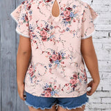 Blusa holgada de manga corta para vacaciones de mujer de a grande con estampado floral y cuello alto con volante