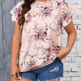 Blusa holgada de manga corta para vacaciones de mujer de a grande con estampado floral y cuello alto con volante