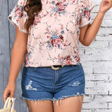 Blusa holgada de manga corta para vacaciones de mujer de a grande con estampado floral y cuello alto con volante