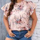 Blusa holgada de manga corta para vacaciones de mujer de a grande con estampado floral y cuello alto con volante