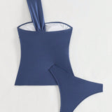 Conjunto de tankini casual de playa de verano para mujer con un solo hombro y pliegues en un solo color