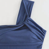 Conjunto de tankini casual de playa de verano para mujer con un solo hombro y pliegues en un solo color
