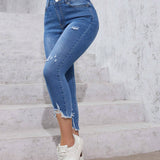 EZwear Jeans de mezclilla informal para mujer con bordes deshilachados y desgastados