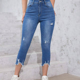 EZwear Jeans de mezclilla informal para mujer con bordes deshilachados y desgastados