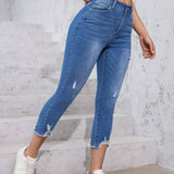 EZwear Jeans de mezclilla informal para mujer con bordes deshilachados y desgastados