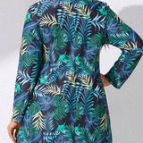 Swim Curve Top de traje de bano de manga larga con impresion tropical de talla grande para vacaciones en la playa