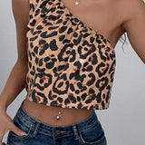 Top de verano casual con patron animal sey de leopardo y cuello asimetrico