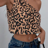 Top de verano casual con patron animal sey de leopardo y cuello asimetrico