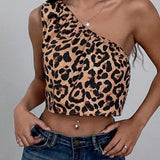 Top de verano casual con patron animal sey de leopardo y cuello asimetrico