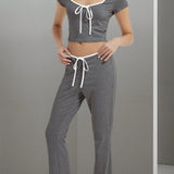 EZwear Conjunto de dos piezas para mujer, parte superior de manga corta con bloques de color y pantalones, verano