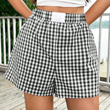 EZwear Shorts de cuadros con cintura elastica en blanco y negro