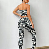 EZwear Conjunto de top halter y leggings para mujer tejido de camuflaje