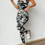 EZwear Conjunto de top halter y leggings para mujer tejido de camuflaje