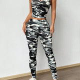 EZwear Conjunto de top halter y leggings para mujer tejido de camuflaje