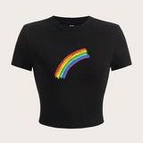 Camiseta LGBT Pride Month casual y sencilla con patron de arcoiris, cuello redondo, manga corta y diseno ajustado, para mujeres, adecuada para el verano