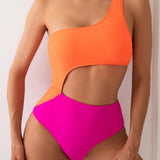 Traje de bano de una pieza de verano con un hombro descubierto y diseno hueco de bloques de color, sexy y energico, ideal para piscina y playa