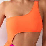 Traje de bano de una pieza de verano con un hombro descubierto y diseno hueco de bloques de color, sexy y energico, ideal para piscina y playa