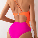 Traje de bano de una pieza de verano con un hombro descubierto y diseno hueco de bloques de color, sexy y energico, ideal para piscina y playa