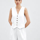 BIZwear Conjunto de traje elegante de verano para mujeres con blazer sin mangas asimetrico y pantalones cortos con cuello en V y unicolor