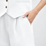 BIZwear Conjunto de traje elegante de verano para mujeres con blazer sin mangas asimetrico y pantalones cortos con cuello en V y unicolor
