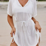 Swim Vcay Vestido suelto de playa con manga corta tipo murcielago, con cintura ajustable y cuello en V de unicolor para mujer