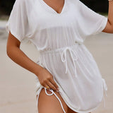 Swim Vcay Vestido suelto de playa con manga corta tipo murcielago, con cintura ajustable y cuello en V de unicolor para mujer