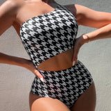 Swim Traje de bano de una pieza para mujer con cuello asimetrico, estampado de cuadros, cintura hueca y ideal para el verano en la playa.