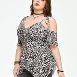 J-Fashion Camiseta casual de verano con corte de hombro frio, mangas cortas y estampado de leopardo para mujeres de a grande