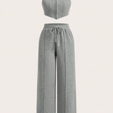 Slayr Conjunto informal de top ajustado de manga larga con dobladillo irregular en gris y pantalones largos rectos con cremallera