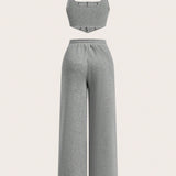 Slayr Conjunto informal de top ajustado de manga larga con dobladillo irregular en gris y pantalones largos rectos con cremallera