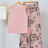 Clasi Conjunto de blusa de chiffon rosa elegante para mujeres y pantalones anchos de flores con unicolor