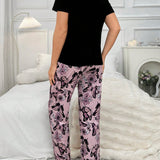 Conjunto de pijama de mangas cortas y pantalones largos para mujer con estampado de mariposas