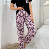 Conjunto de pijama de mangas cortas y pantalones largos para mujer con estampado de mariposas