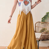 Mulvari Conjunto de dos piezas para mujer con pantalones largos de unicolor decorados con bordados y borlas vintage