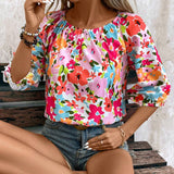 Camisa floral Ditsy de 3/4 con cuello redondo para mujer (impresion aleatoria)