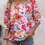 Camisa floral Ditsy de 3/4 con cuello redondo para mujer (impresion aleatoria)