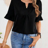 Blusa de mujer con manga corta de volantes y cuello en V en unicolor para el verano