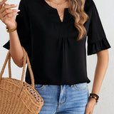 Blusa de mujer con manga corta de volantes y cuello en V en unicolor para el verano