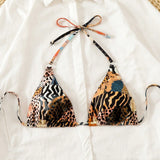 Top de bikini de cuello halter estampado de patron de animal para mujeres, estampado aleatorio