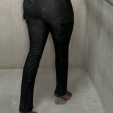 Slayr Pantalones de mujer oscuros de verano casuales de trabajo de calle tridimensionales con cintura en V y bolsillos de tela pit strip lavado con arena ajustados, modelo T-H