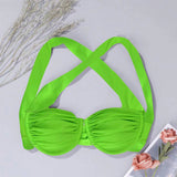 Swim Top de bikini sexy con cable y pliegues en verde fluorescente para mujeres
