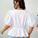 Blusa de a grande para mujer con mangas cortas abullonadas, unicolor de verano, lazo frontal y dobladillo con volantes